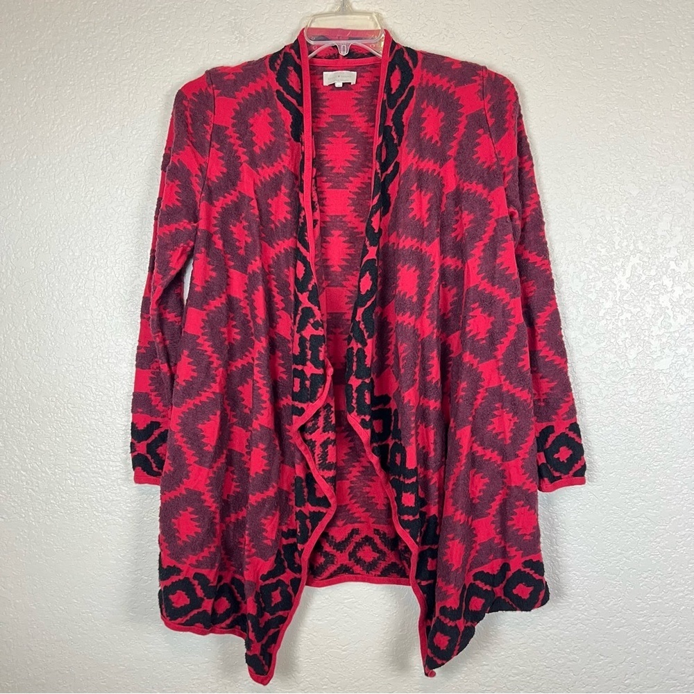 Lucky Brand Red Aztec Boho Open Front Drape Wrap Cardigan size Small